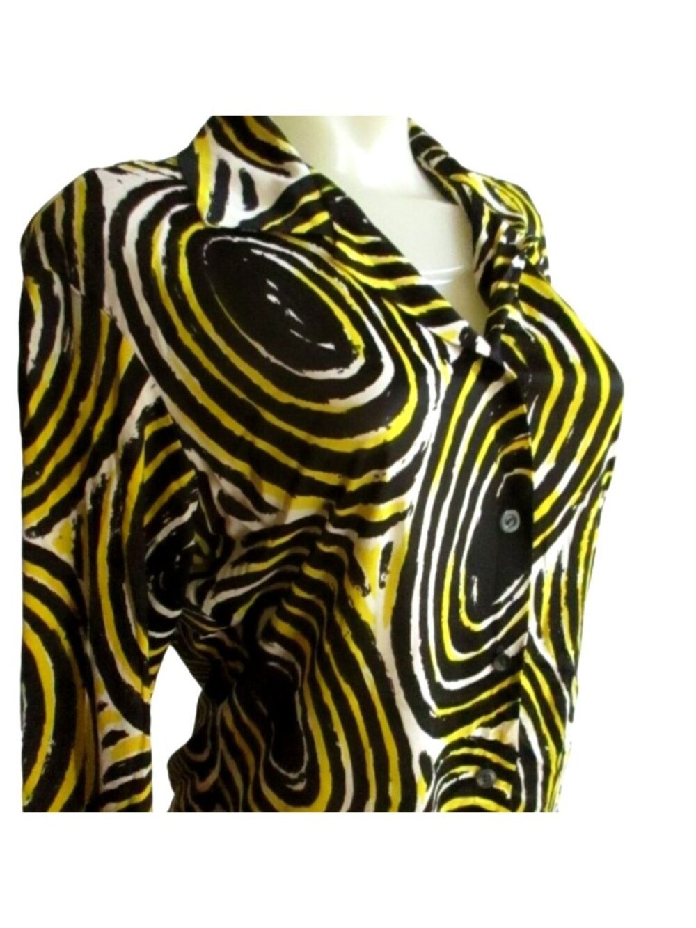 Wild Gold Swirl Medium Vintage Women's Disco Shirt 1970's Stretch Acetate Print